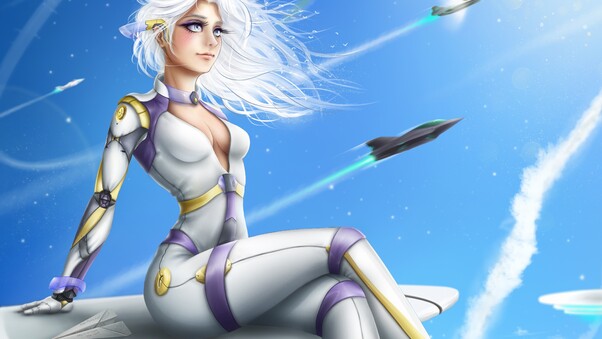 Future Rocket Plane Fantasy Anime Girl Wallpaper