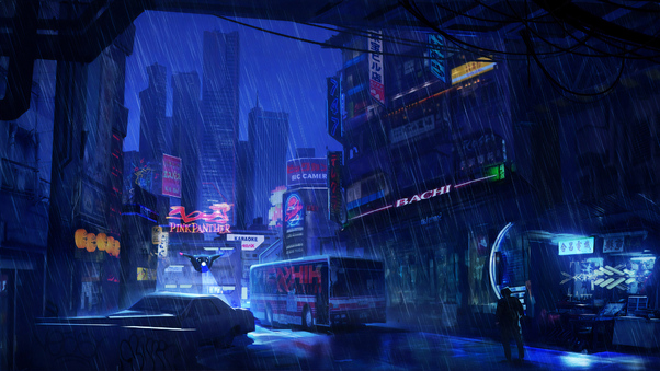 Futuristic City Dark Evening Rain 4k Wallpaper