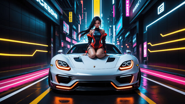 Futuristic Girl Cyberpunk Neon Lights Street Sitting On Porsche 4k Wallpaper