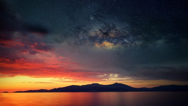 Galaxy Blended Landscape Mountains Sunset Wallpaper