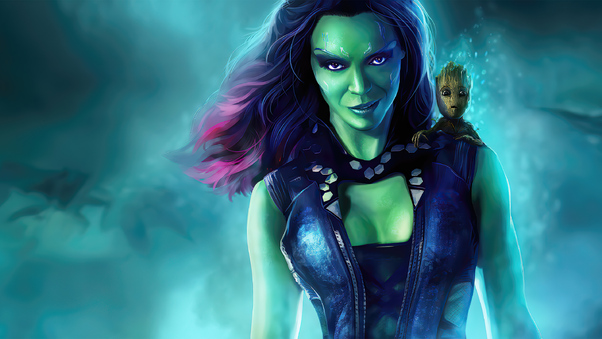 Gamora With Baby Groot Guardians Of The Galaxy Wallpaper