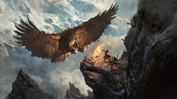 Giant Eagle Vs Knight Mage Mountains Fantasy Landscape Wallpaper