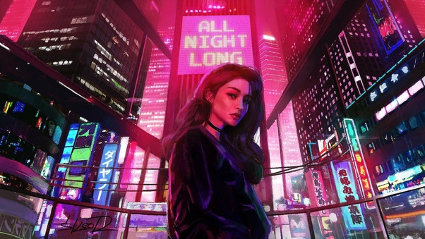 Girl All Night Long Retrowave City Artwork Wallpaper