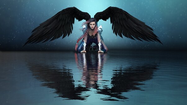 Girl Angel Big Wings Water Reflection 8k Wallpaper