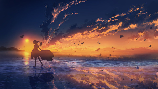 Girl At Horizon While Sunset Wallpaper