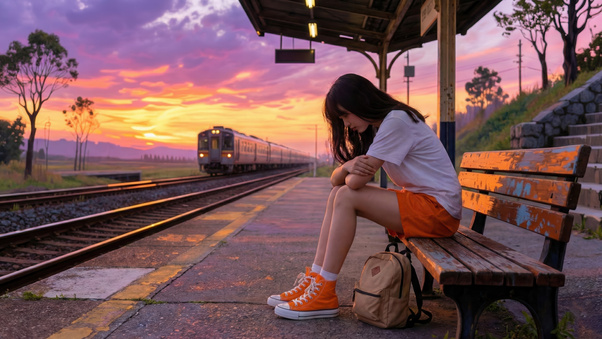 Girl At Train Station Sunset (2560x1440) Resolution Wallpaper