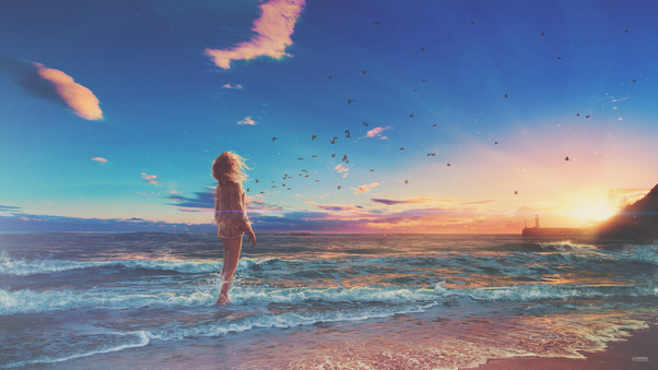 Girl Beach Sunrise Photo Manipulation Wallpaper