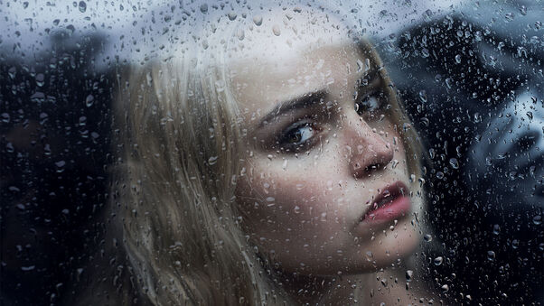 Girl Behind The Glass With Water Drops Wallpaper