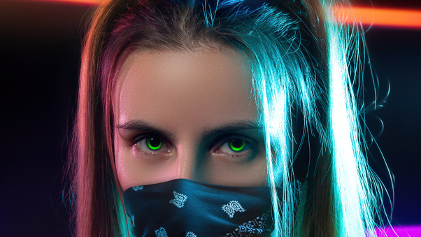 Girl Cloth Mask Glowing Green Eyes Wallpaper