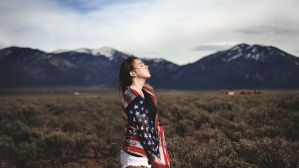 Girl Covering Herself With American Flag Wallpaper