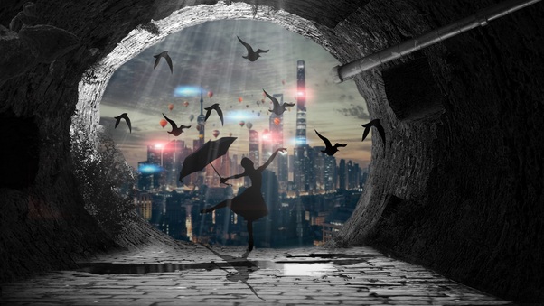 Girl Dancing With Umbrella Birds Artwork Wallpaper