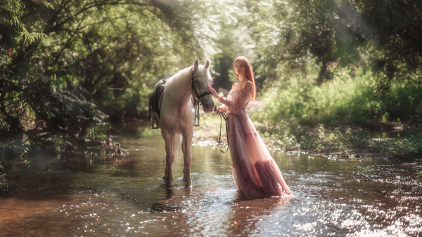 Girl Dreamy Encounter With Majestic Horse Wallpaper