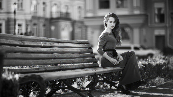 Girl Dressed Sitting On Bench Looking At Viewer 4k Wallpaper