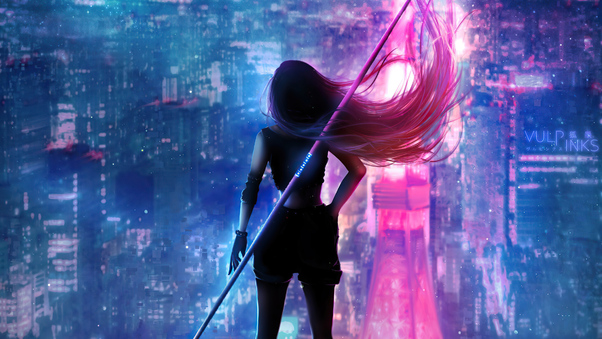 Girl Hair Flowing Neon City Wallpaper