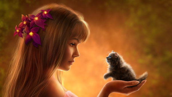Girl Holding Small Cat In Hand Artwork Wallpaper