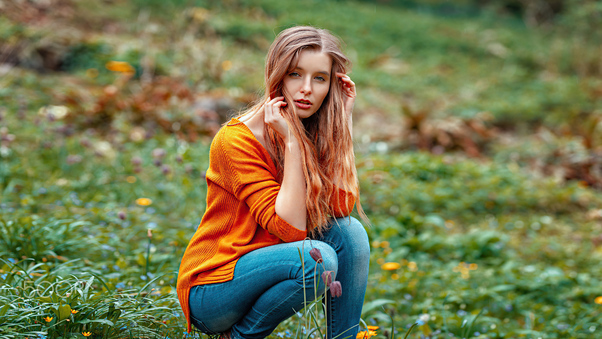 Girl In Orange Sweater Outdoor Wallpaper
