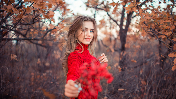 Girl In Red Dress Autumn 4k Wallpaper