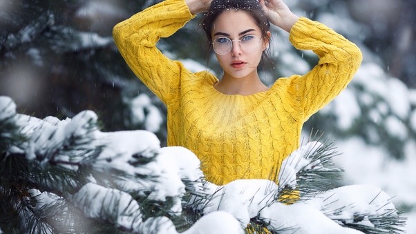 Girl In Snow Looking At Viewer Wallpaper
