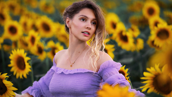 Girl In Sunflowers Field Bokeh Dress Wallpaper