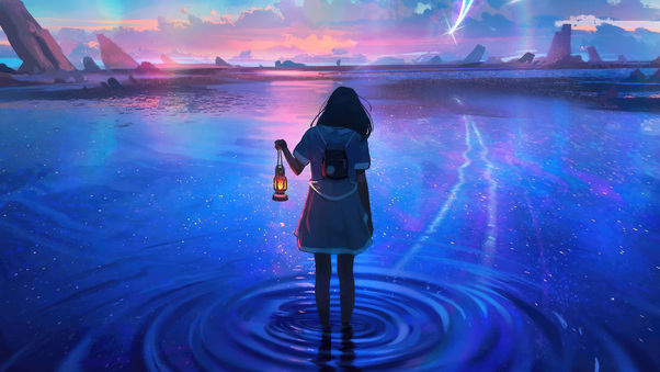 Girl Journey Through Stardust Waters Wallpaper