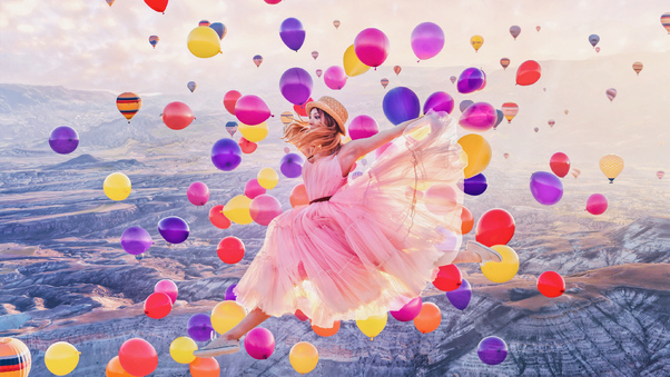 Girl Jumping Joy Balloons 4k Wallpaper