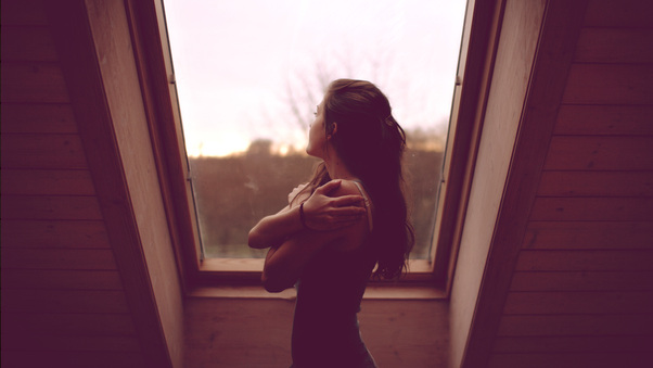 Girl Looking Out Through Window 5k Wallpaper