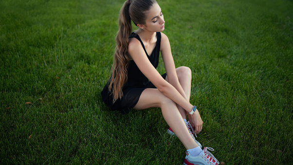 Girl Model Sitting On Grass Long Hair 4k Wallpaper