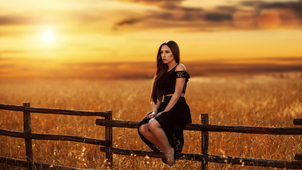 Girl Model Sunset Field Gold 4k Wallpaper