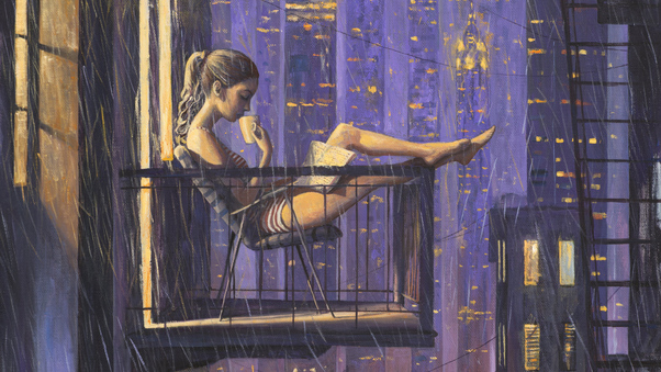 Girl Reading Book Drinking Coffee While Sitting On Balcony Painting Wallpaper