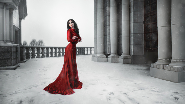 Girl Red Dress Snow Photoshoot Wallpaper