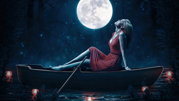 Girl Relaxing Red Dress Boat Moon 5k Wallpaper