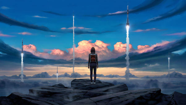 Girl Seeing Rocket Launches Wallpaper