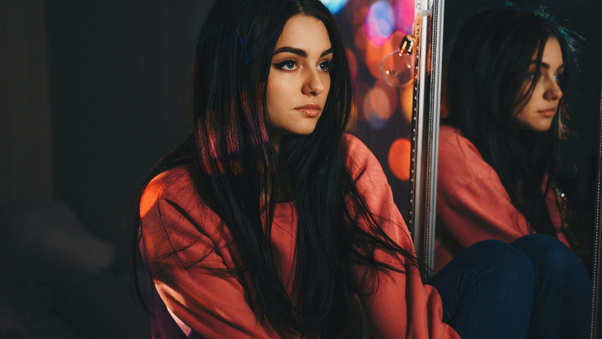 Girl Sitting Alongside With Mirror Looking Away Wallpaper