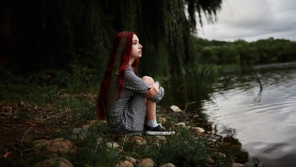 Girl Sitting At Lake Side View Wallpaper