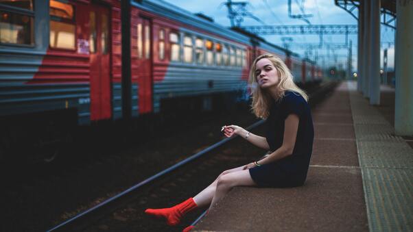 Girl Sitting On Platform Smoking 5k Wallpaper