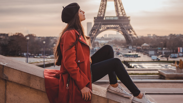 Girl Sitting On Rooftop Eiffel Tower In Back Wallpaper