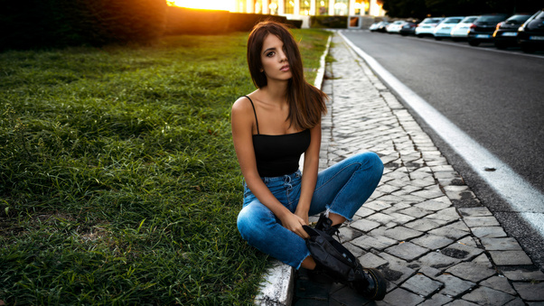 Girl Sitting Road Side Wallpaper