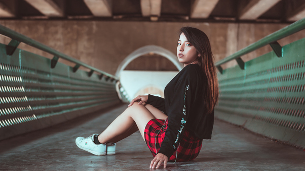 Girl Skirt Outfit Sitting Looking Back 4k Wallpaper
