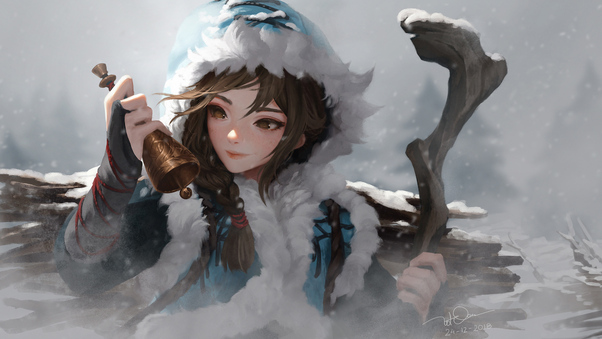 Girl Snow With Bells Wallpaper