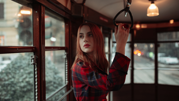 Girl Standing In Tram 8k Wallpaper