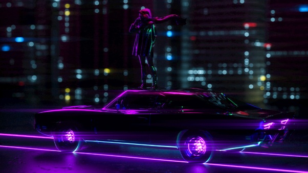 Girl Standing On Car Neon City Wallpaper