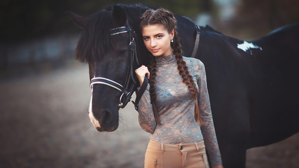 Girl Standing With Horse 4k Wallpaper