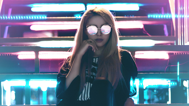 Girl Sunglasses Neon Lights Wallpaper