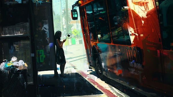 Girl Texting On Bus Side 4k Wallpaper