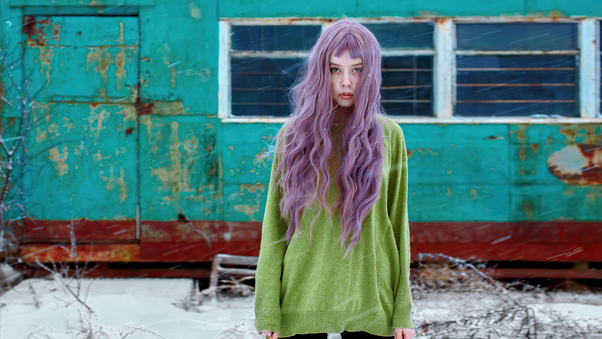 Girl Violet Hairs Snow Outdoor 4k Wallpaper