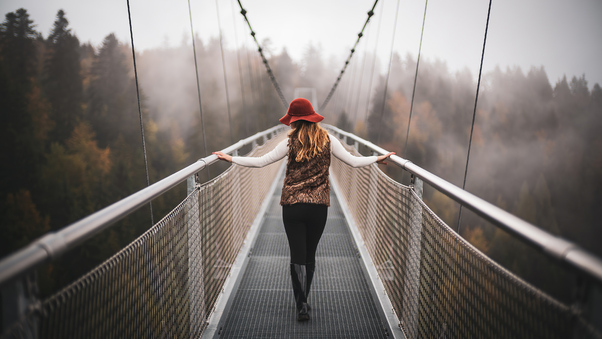 Girl Walking On Switzerland Mountains Bridges 4k Wallpaper