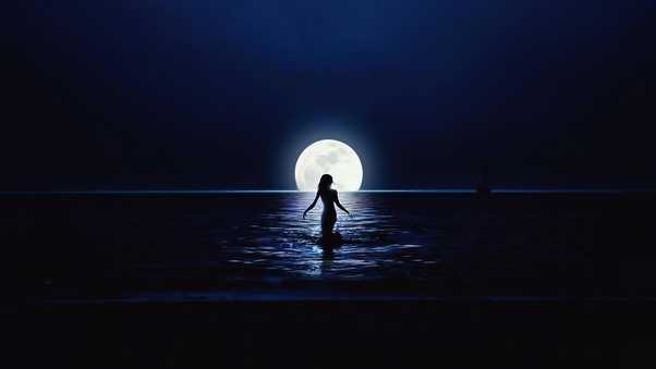 Girl Walking Towards Moon In Ocean Wallpaper