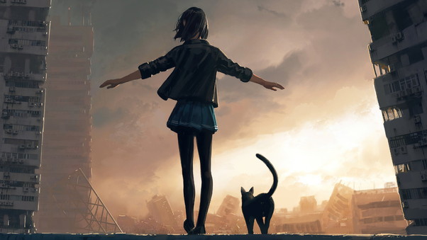 Girl Walking With Cat On Roof Wall 4k Wallpaper