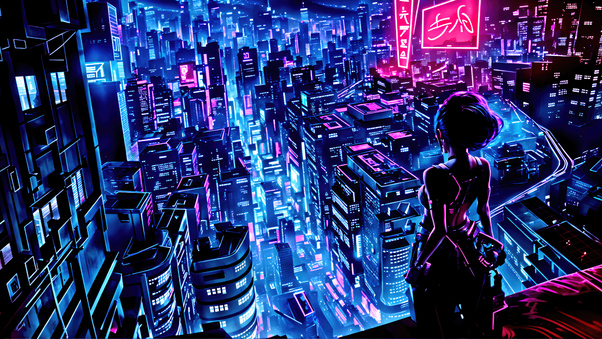 Girl Watching The Neon Glow In The Blue City Scape Wallpaper