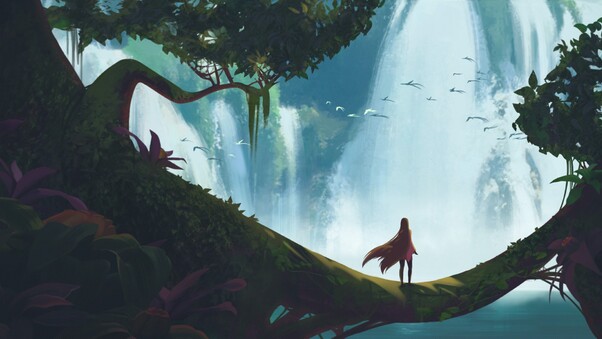 Girl Waterfall Fantasy Art Wallpaper